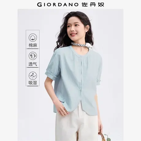 佐丹奴衬衫女装天然棉麻弧形下摆圆领荷叶边梭织短袖衬衫 345487商品大图
