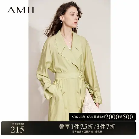 Amii2025春新含醋酸配腰带双排扣配腰带长款风衣女高开叉上衣外套商品大图