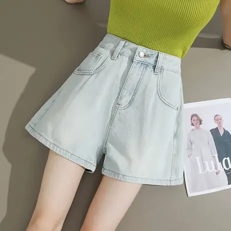 牛仔短裤女2025夏季薄款高腰宽松显瘦a字百搭浅蓝色直筒阔腿热裤商品大图