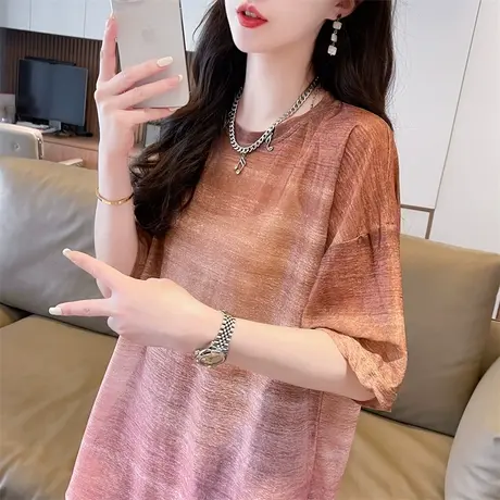 渐变色短袖t恤女夏季韩版宽松大码女装中长款薄款防晒罩衫上衣服商品大图