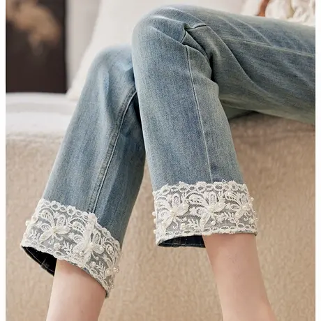 宝诗黎钉珠蕾丝拼接蓝色牛仔裤2025春季洋气百搭休闲直筒高腰长裤商品大图