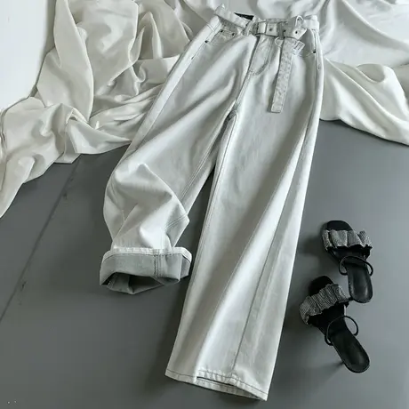 韩版浅灰色原色腰带高腰牛仔裤女春季新款时尚休闲百搭窄版直筒裤商品大图