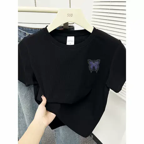 黑色2025新款夏季纯棉短袖t恤女短款修身显瘦半袖ins宽松上衣图片