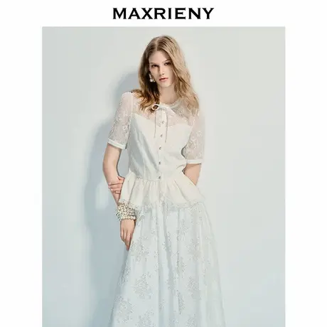 【奥莱】MAXRIENY度假风蕾丝雪纺衫蕾丝系带千金风收腰上衣图片