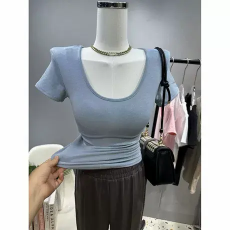 店主自留~人手一件紧身性感显胸U领短袖t恤女纯色百搭基础款上衣图片
