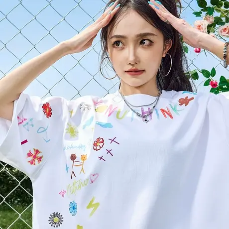 Nuthink多巴胺卡通涂鸦短袖T恤美式潮牌印花重磅半袖男女2025新款图片