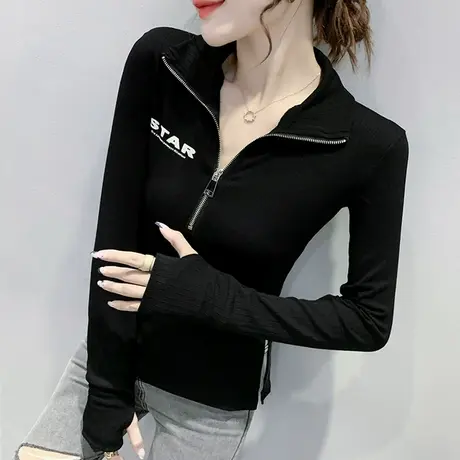 半高领打底衫女内搭秋冬时尚开叉拉链T恤长袖洋气设计感小众上衣商品大图