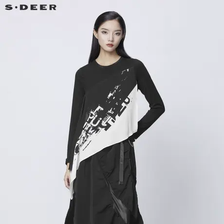 sdeer圣迪奥女装春秋装圆领字母印花雪纺拼接长袖T恤S21380219图片