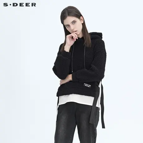 sdeer圣迪奥女装个性连帽衬衫拼接假两件羊羔绒卫衣外套S20482218图片