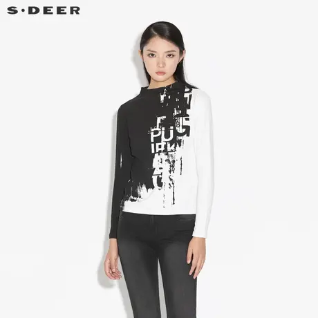 sdeer圣迪奥女装春秋装休闲圆领字母印花半高领长袖T恤S21380214图片