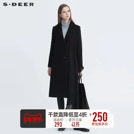 sdeer圣迪奥冬季女装西装领肌理拼接中长款黑色毛呢大衣S20481806图片