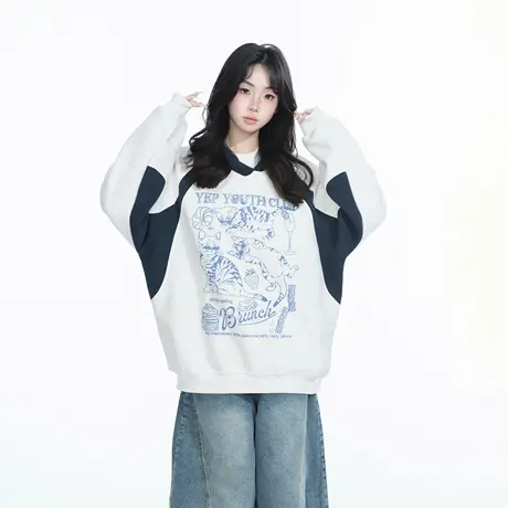 YEP2025春装新款创意猫咪印花拼接宽松卫衣女潮酷ins风长袖上衣商品大图
