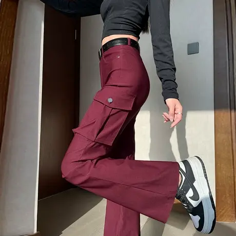 安可拉红微喇工装裤女秋季新款高腰显瘦修身百搭休闲马蹄喇叭裤子商品大图