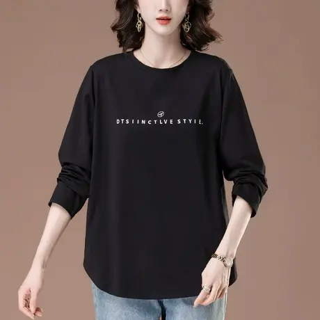 中老年妈妈春秋新款长袖T恤女宽松加肥加大码女装遮肚显瘦打底衫商品大图