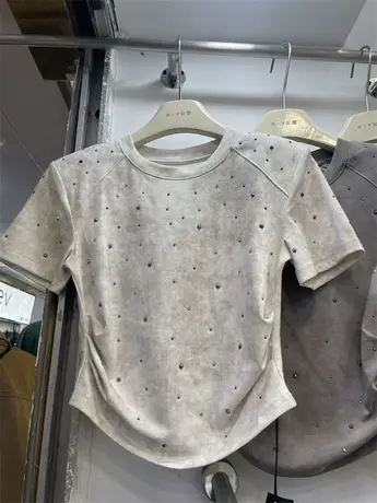 2024春夏新款韩版烫砖扎染短袖T恤女圆领时尚小个子闪砖褶皱上衣商品大图