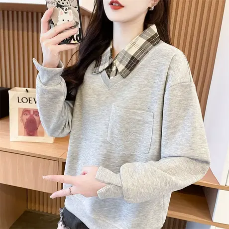 衬衫领卫衣女2025新款春秋韩版宽松薄款学生polo领假两件上衣外套图片