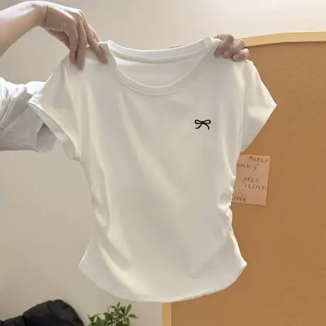 白色正肩褶皱收腰短袖T恤女夏季修身韩版短款蝴蝶结刺绣半袖上衣商品大图
