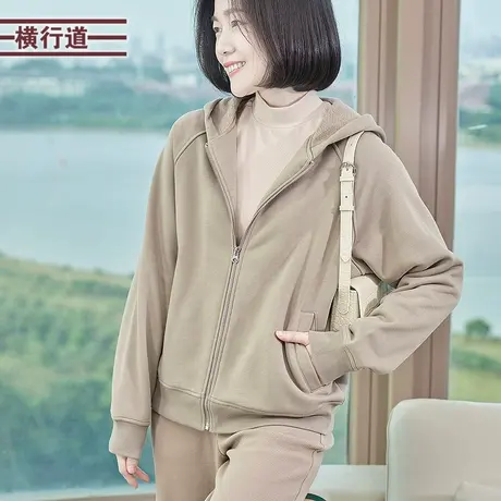 加绒加厚连帽卫衣拉链外套纯色黑色长袖春装2025保暖女装新款图片