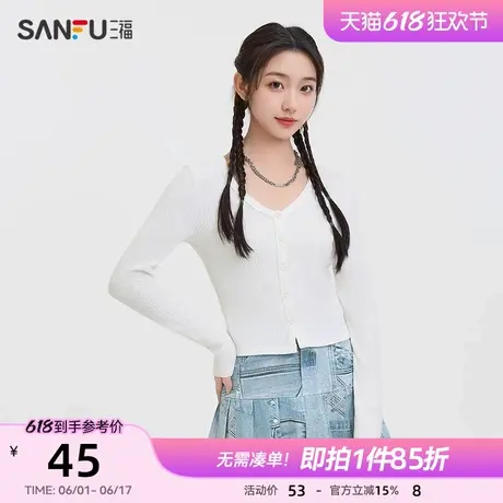 三福长T恤2025春季V领短款修身时尚休闲上衣女装498391图片