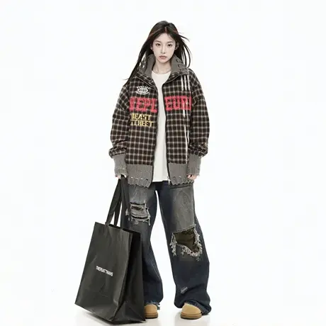 设计感拼接格子外套女春季2025新款针织破洞夹克宽松美式复古上衣图片
