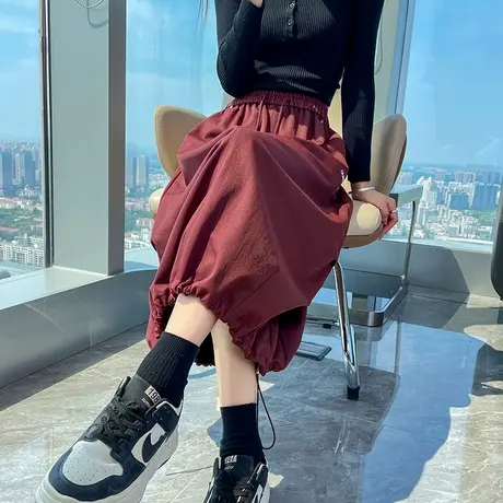 安可拉红工装伞裙女秋季新款高腰抽绳设计感中长款小个子A字裙潮商品大图