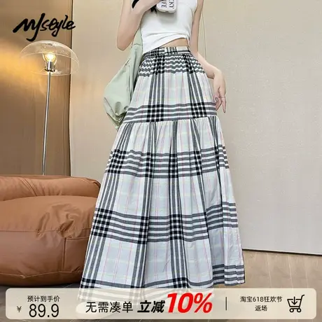 MJ STYLE格纹宽摆长裙子女夏季高腰大裙摆A字遮肉文艺复古半身裙商品大图