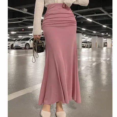 韩国东大门-2022春夏新款 气质纯色高腰褶皱修身包臀半身裙长裙女图片