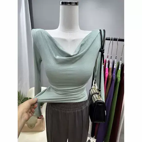 回馈款！韩式不规则收腰褶皱荡领长袖t恤女短款紧身螺纹棉打底衫商品大图