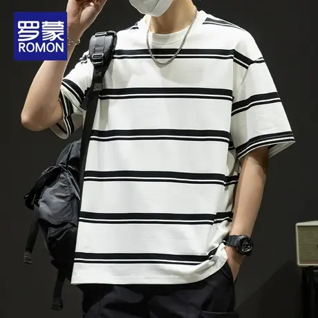罗蒙男士纯棉短袖T恤夏季薄款2025新款宽松潮牌条纹圆领休闲体恤图片