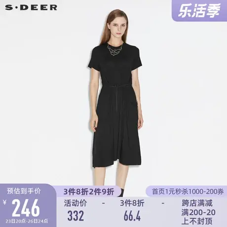 sdeer圣迪奥2021夏圆领收腰工装口袋黑色短袖连衣裙S21261231图片