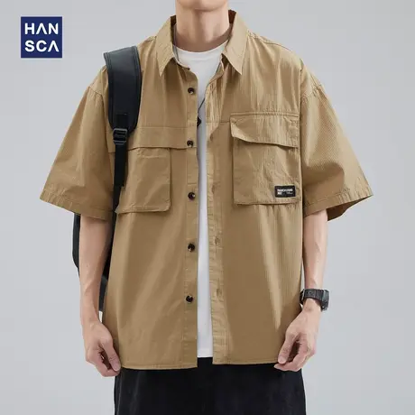 hansca纯棉短袖衬衫男大码夏季新款潮牌翻领日系复古工装衬衣外套商品大图