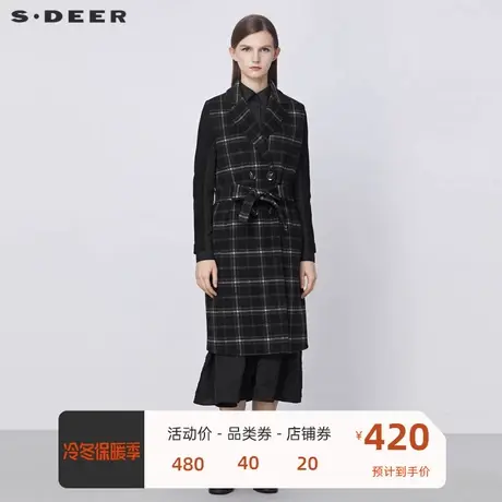 sdeer圣迪奥女装西装领撞色格纹收腰长款毛呢马甲S21481613🔆商品大图