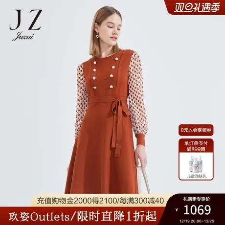 JZ玖姿小众几何雪纺裙子女装2023春季新款假两件针织连衣裙商品大图