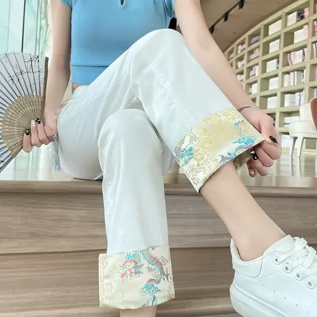 新中式国风挽边天丝直筒牛仔裤女夏季薄款高腰九分小个子烟管裤子商品大图