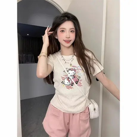 短袖t恤女潮2025夏季新款彩点正肩圆领短袖褶皱高腰修身收腰上衣图片