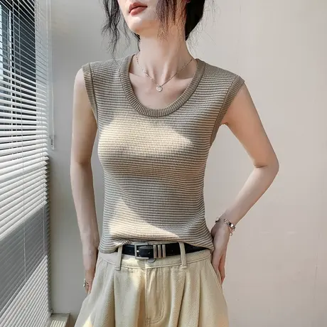 撞色条纹坎肩圆领无袖背心女秋季别致修身显瘦衬衫内搭小众打底衫图片