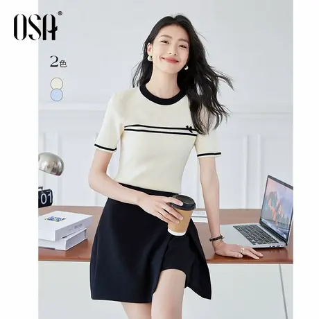 OSA欧莎拼接撞色圆领针织衫女气质显瘦套头衫2025年夏季新款上衣图片