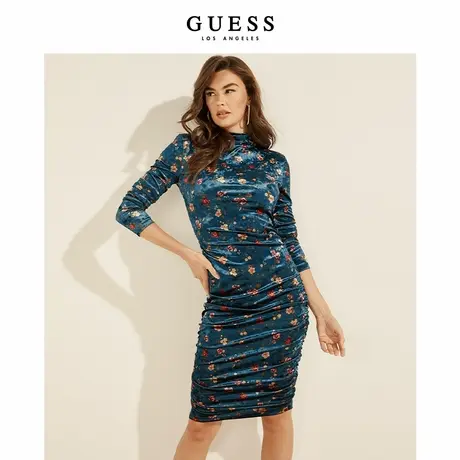 GUESS女士印花复古年代感温柔褶皱连衣裙W1BK16KATV0商品大图