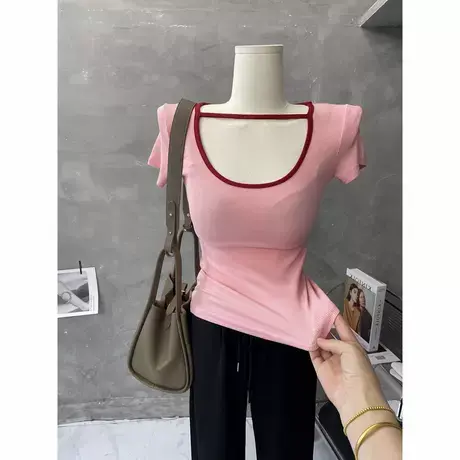 甜辣风～性感镂空拼色短袖T恤女螺纹紧身上衣显瘦打底内搭夏2022图片