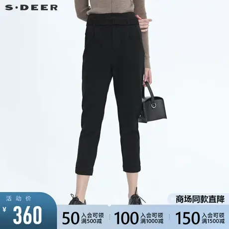 sdeer圣迪奥冬季女装时尚休闲小脚卷边腰带黑色通勤长裤S20480823图片
