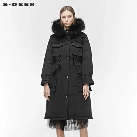sdeer圣迪奥秋冬高领连帽绣花收腰黑色工装羽绒服女S19482453图片