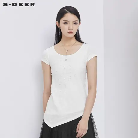sdeer圣迪奥夏季圆领镂空绣花设计感显瘦通勤短袖T恤女S192A0197图片