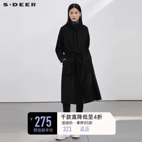 sdeer圣迪奥春装休闲翻领抽褶收腰黑色风衣外套S21361808图片