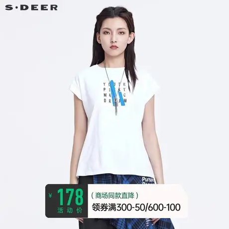 sdeer圣迪奥夏季新上衣圆领撞色字母宽松白色短袖t恤女S22280116图片