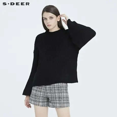 sdeer圣迪奥冬装女装慵懒喇叭袖圆领通勤纯黑毛衣针织衫S20483542图片