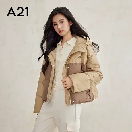 女装梭织宽松连帽落肩开襟中短羽绒服商品大图