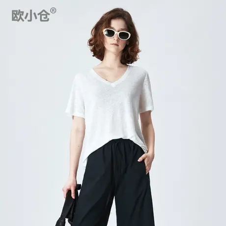 欧小仓 ins博主老钱风轻薄垂感V领T恤 舒爽不粘腻亚麻短袖体恤图片
