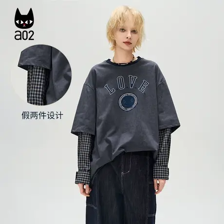 a02【ET自然系列】假两件潮酷拼接格子袖子长袖T恤女2025春季新款图片