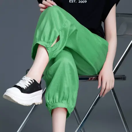 清仓果绿色休闲亚麻裤子女夏季2025新款九分薄款小个子哈伦灯笼裤商品大图