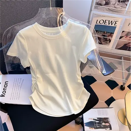 白色短袖T恤女2025新款夏季设计感不规则体恤圆领正肩上衣图片